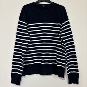 Uniqlo women's L navy white striped crew neck long sleeve knit pullover sweater